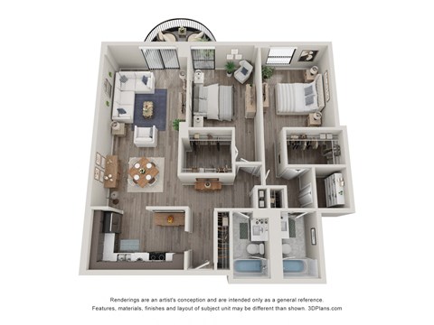 Floor plan for 2 beds, 2 baths, 1250 sqft